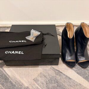 CHANEL Peep-Toe Ankle Boots with Cork Heel-Size 41.5